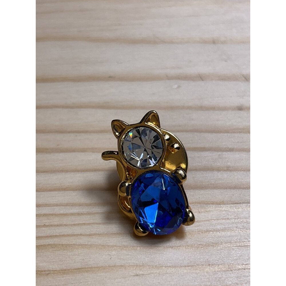 Gold Tone Cat Pin With Clear & Blue Rhinestones